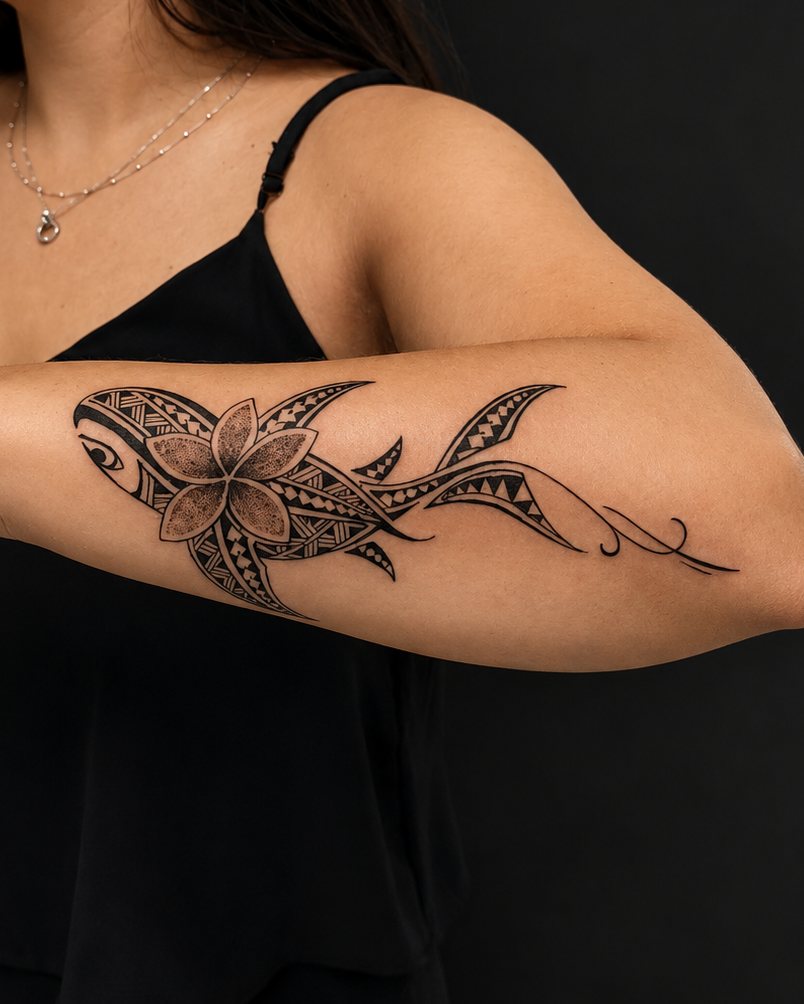 Flor de plumeria com padrões em blackwork no antebraço